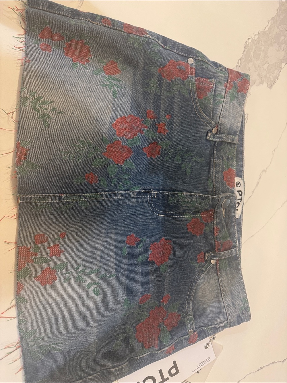 Denim Mini Skirt with Red Floral Print